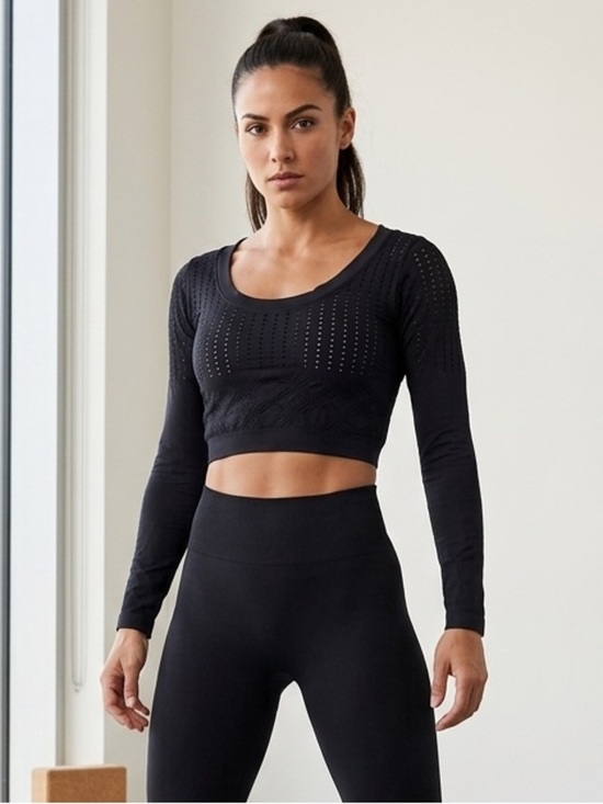 Amazon Tops - Black Pointelle Long Sleeve Crop Top Workout Yoga S